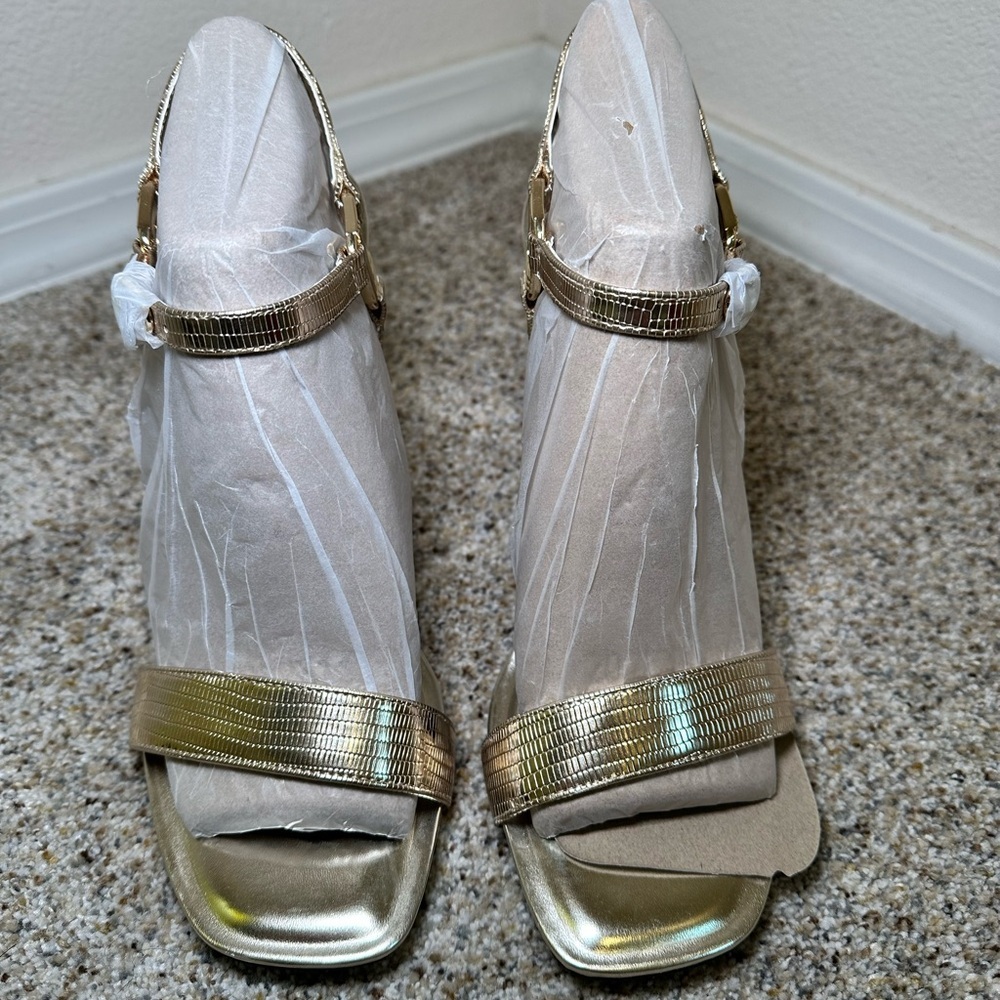 Karl Lagerfeld Cybil Evening Metallic Gold High Heel Sandals with Buckle Strap - Picture 3 of 11
